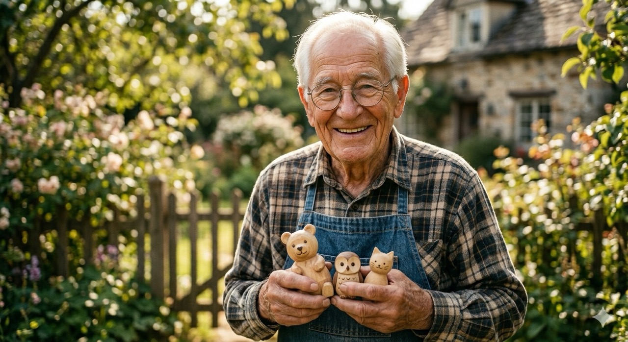 Elias Thorne smiling outdoors while holding several of his carved wooden figures